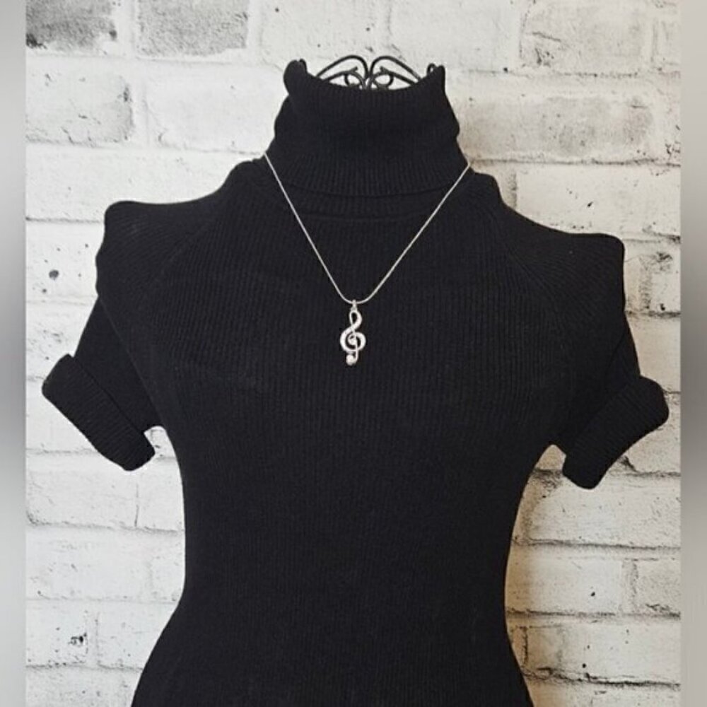 Rhinestone Treble Clef Pendant Necklace on Silvertone Snake Chain